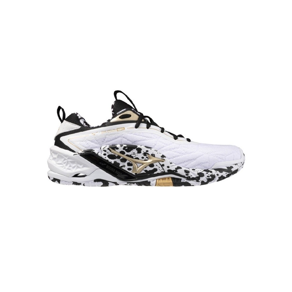 MIZUNO WAVE STEALTH NEO 2 White with black and gold | Handbolaunpas
